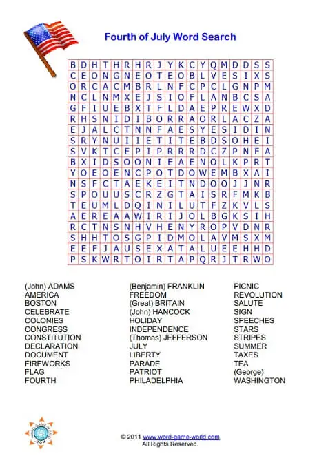 4th Of July Word Search Free Printable Page For All Ages