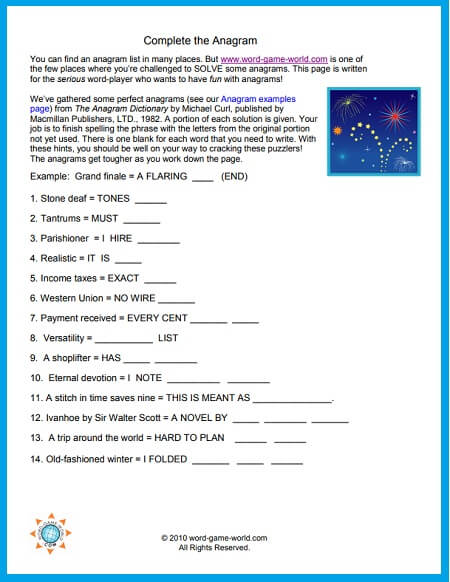 Anagram List activity PDF