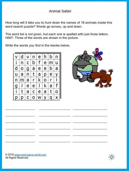 "Animal Safari" a fun educational game for kids at www.word-game-world.com.