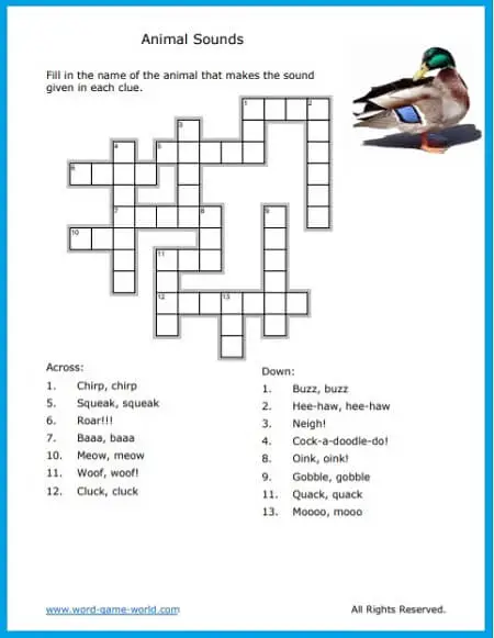 Fun Crossword Puzzle for Kids About Animals!
