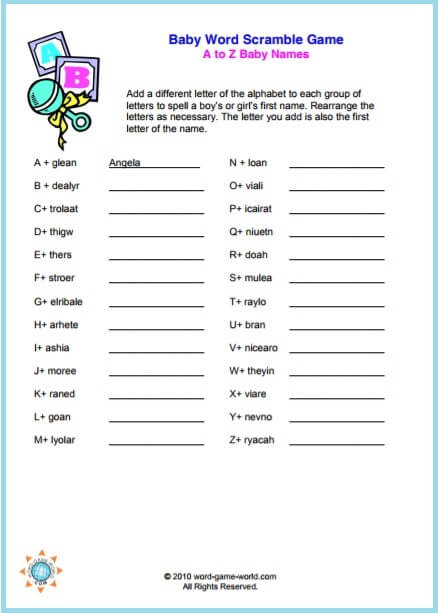 Baby Shower Word Scramble - Baby names