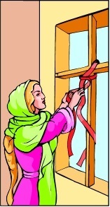 Rahab hanging a scarlet cord at the window