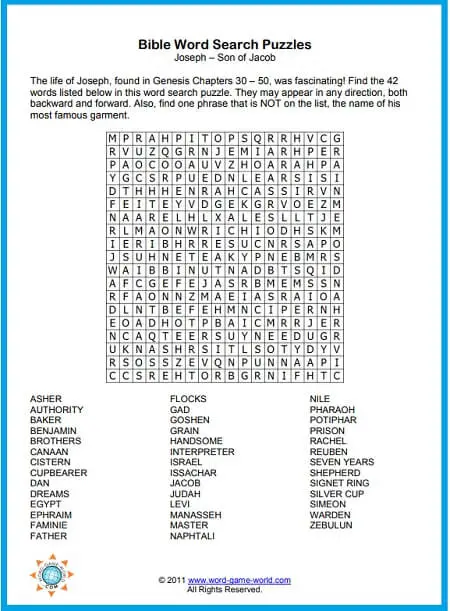 Word search for Bible fun on the Old Testament hero, Joseph