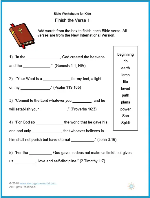 "Finish the Verse" in these fun, free Bible Worksheets for Kids!
