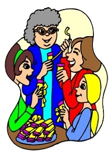 Four women who are talking, laughing and eating at a party