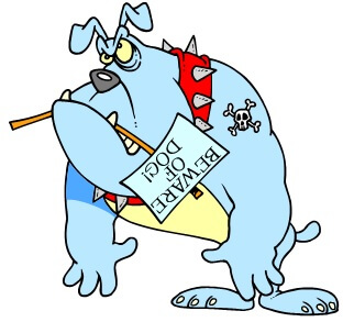 Blue bulldog with a sign in his mouth that reads, "Beware of Dog!"
