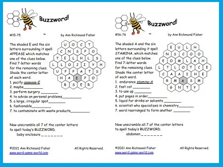 Play a puzzle game or two: Buzzword 15/75 and Buzzword 16/76!
