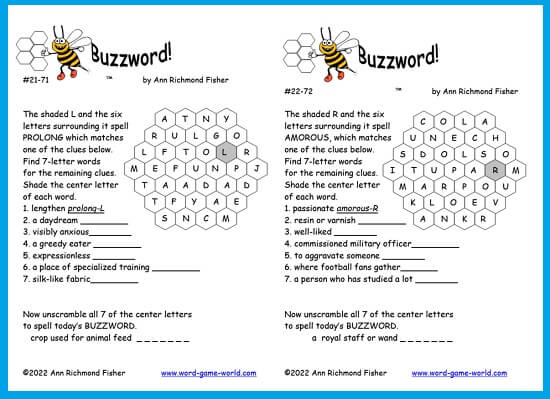 Word Puzzles for Adults! Buzzword Buzzwords 21 and 22!