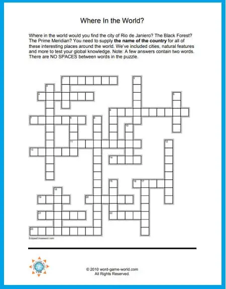 Fun Cross Word Puzzles : Where In The World?