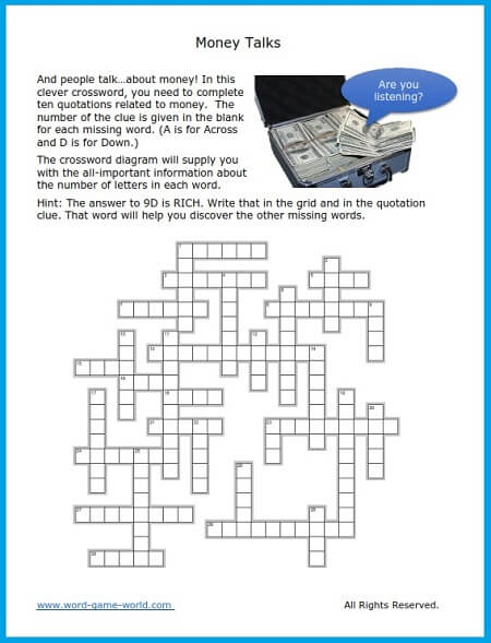 Crossword Printable Puzzle - Money Talks