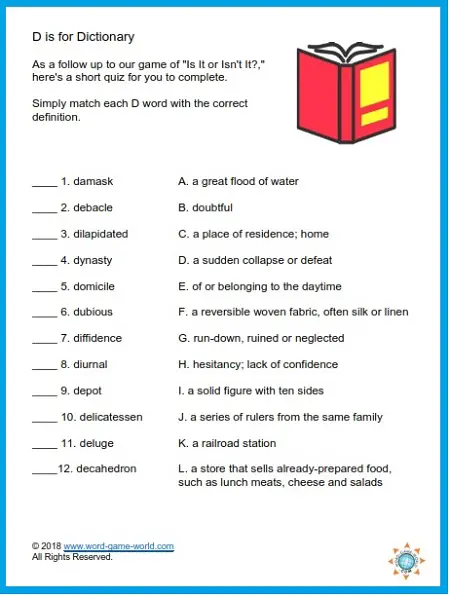 Here's a brief dictionary quiz from our Educational Games for High School.