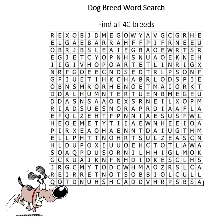 dog word search puzzle with eager puppy