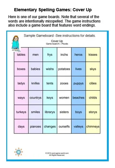 Elementary Spelling Games : Cover Up!
Game board in which several words are intentionally misspelled