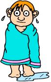 cartoon kid, dripping wet, wrapped up in a beach towel