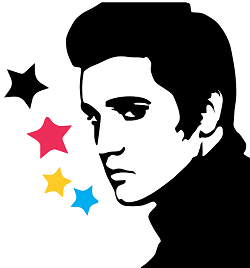 Elvis Presley, surrounded by colored stars