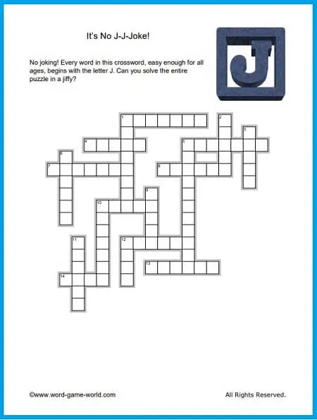 Fun Crossword with Letter J words from www.spelling-words-well.com