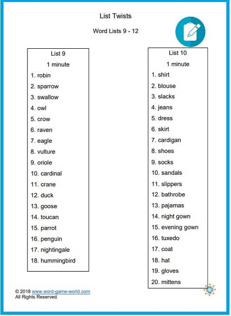 Games to Improve Memory - Lists 9 and 10