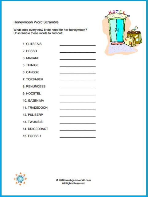 bridal shower word scramble game, all about the honeymoon