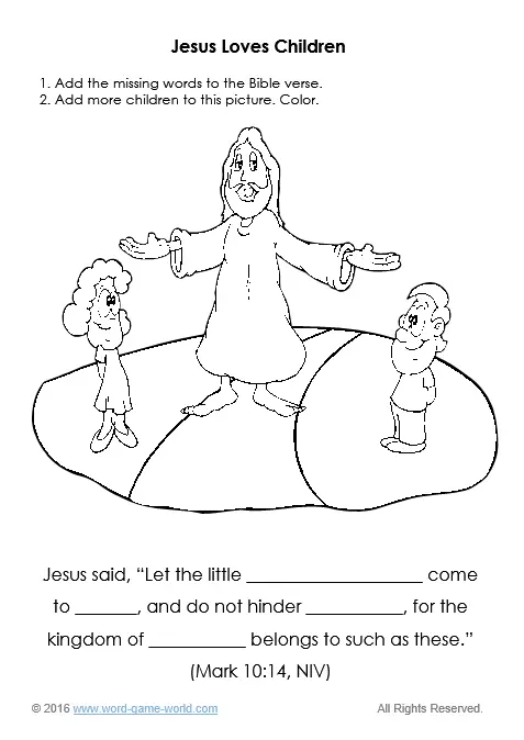 Finish the verse, finish the picture worksheet titled "Jesus Loves Children"
