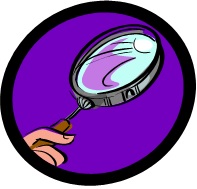 Purple magnifying glass, from the large-print easy crosswords at www.word-game-world.com