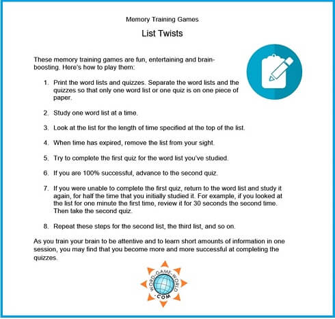 Memory Training Game instructions for List Twists  from www.word-game-world.com