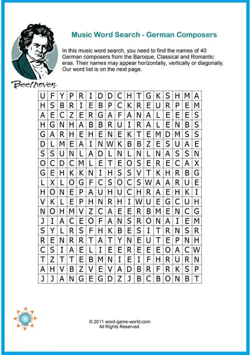 Music Word Search Puzzle : German Composers from www.word-game-world.com