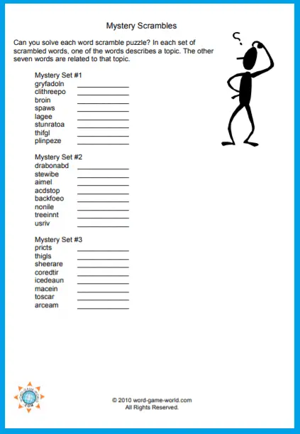 Printable word scramble game featuring mystery sets of words