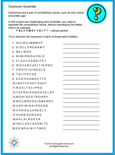 word scramble puzzles oxymoron scrambles