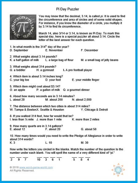 Pi Day Puzzler, one of our educational games for middle school, from www.word-game-world.com