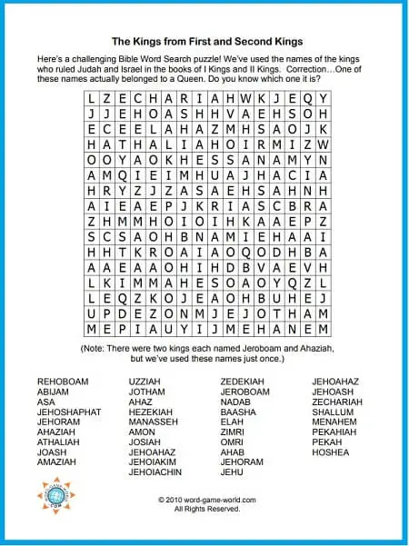 Printable Bible Word Search all about the Kings of the Old Testament, from www.word-game-world.com