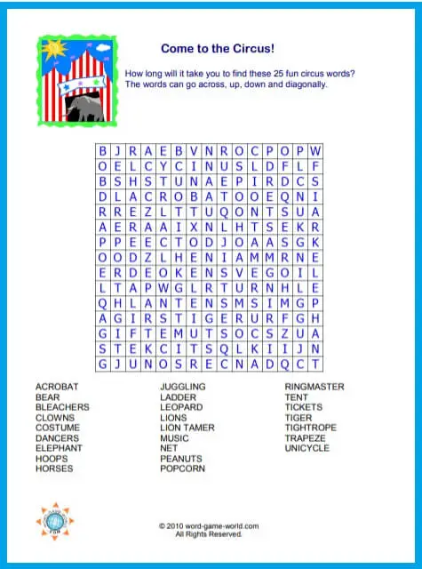 Printable word find, Come to the Circus!