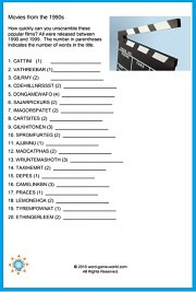 This printable word scramble features movie titles from the 1990s. From www.word-game-world.com