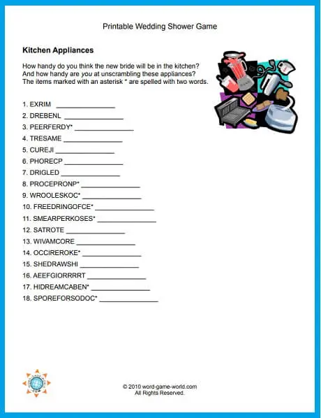Scrambled Kitchen Appliances, one of our printable wedding shower games