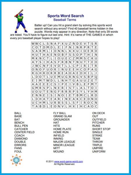 Sports Word Search featuring baseball terms