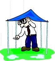 guy ducking under a tent during a rainstorm
