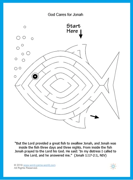 Sunday School printable with a fish maze, to go along with the Old Testament story of Jonah