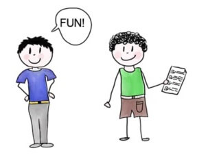 Two cartoon boys, saying FUN!