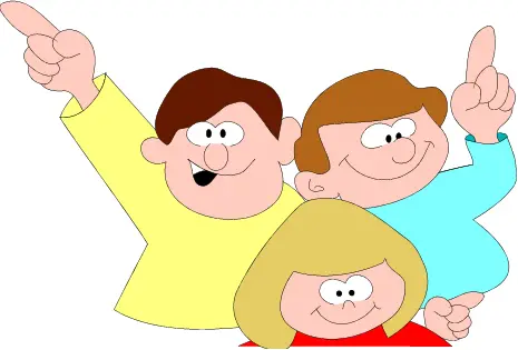 three smiling cartoon-y kids with their hands in the air