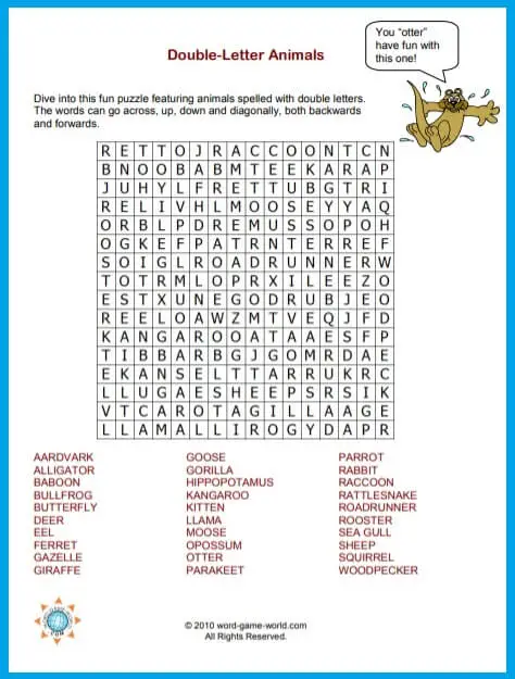Fun Word Search for Kids : Double-Letter Animals