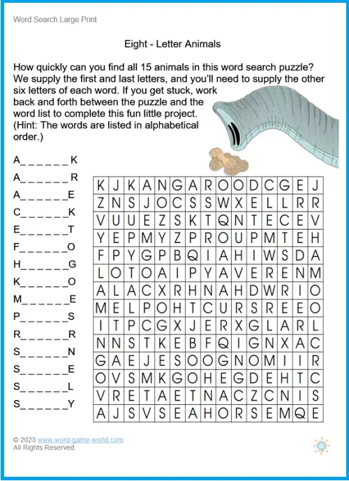 Word Search Large Print : Eight-Letter Animals